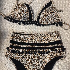 Leopard Print Bikini with Black Pom-Poms